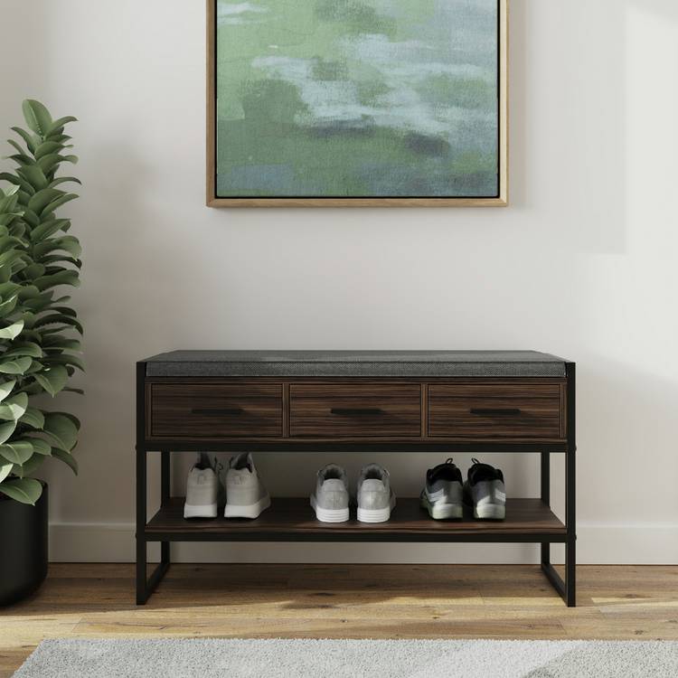 GFW 3 drawer shoe bench in walnut finish, UK version