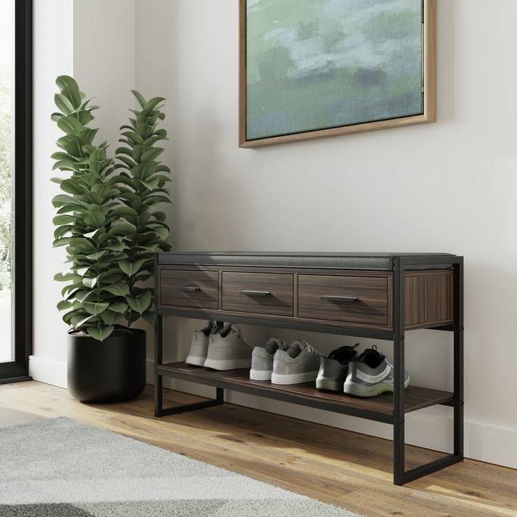 GFW 3 drawer shoe bench in walnut finish, UK version
