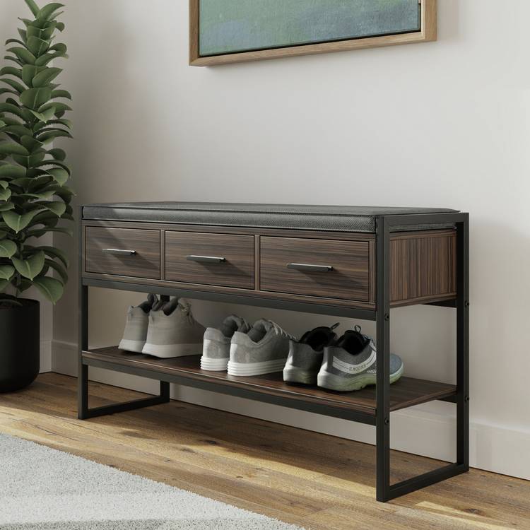 GFW 3 drawer shoe bench in walnut finish, UK version