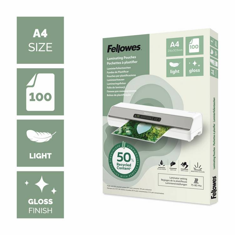 Fellowes A4 gloss laminating pouches 100 pack - British product