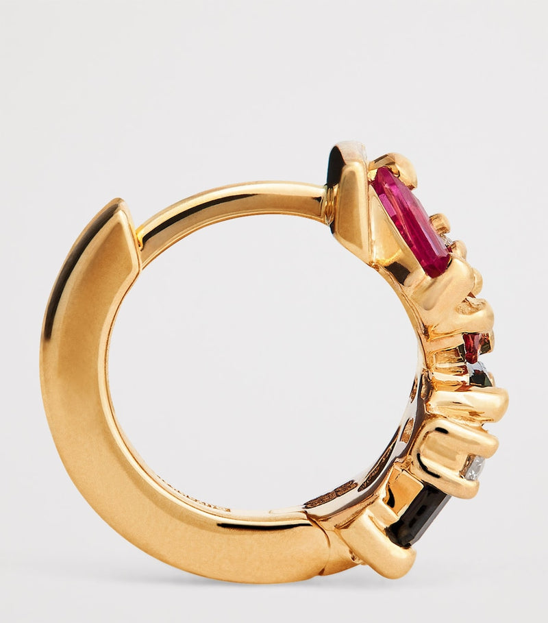 Suzanne Kalan huggie earrings 18k gold rainbow sapphires, imported from the UK