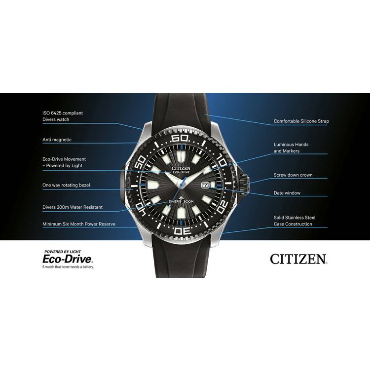 Citizen Eco-Drive diver watch black silicone strap, imported from the UK