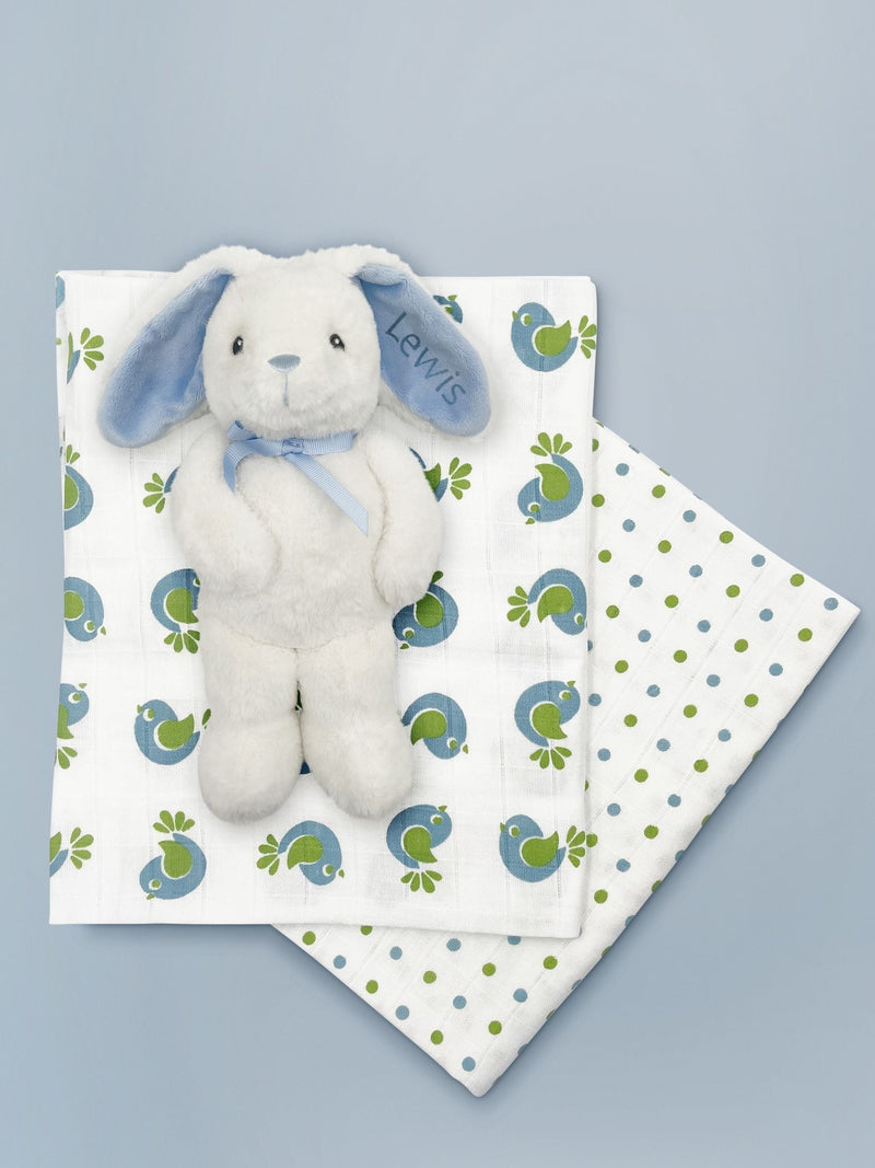 Babyblooms personalised bunny with muslin wrap gift set, UK version