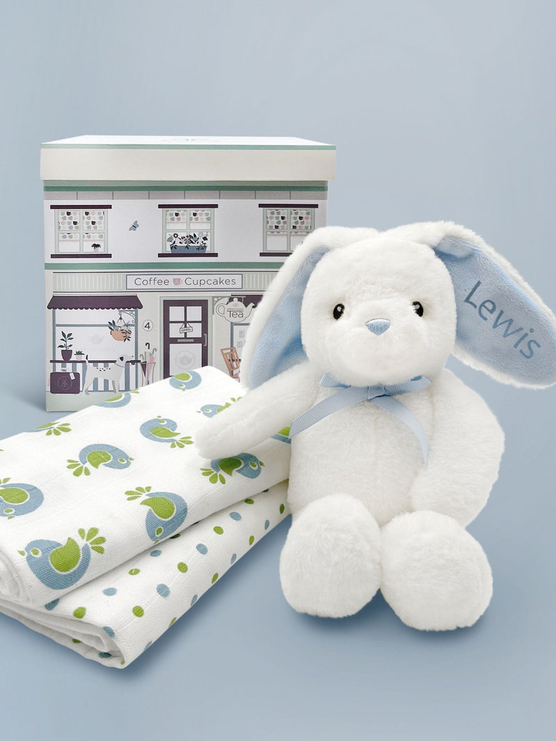 Babyblooms personalised bunny with muslin wrap gift set, UK version