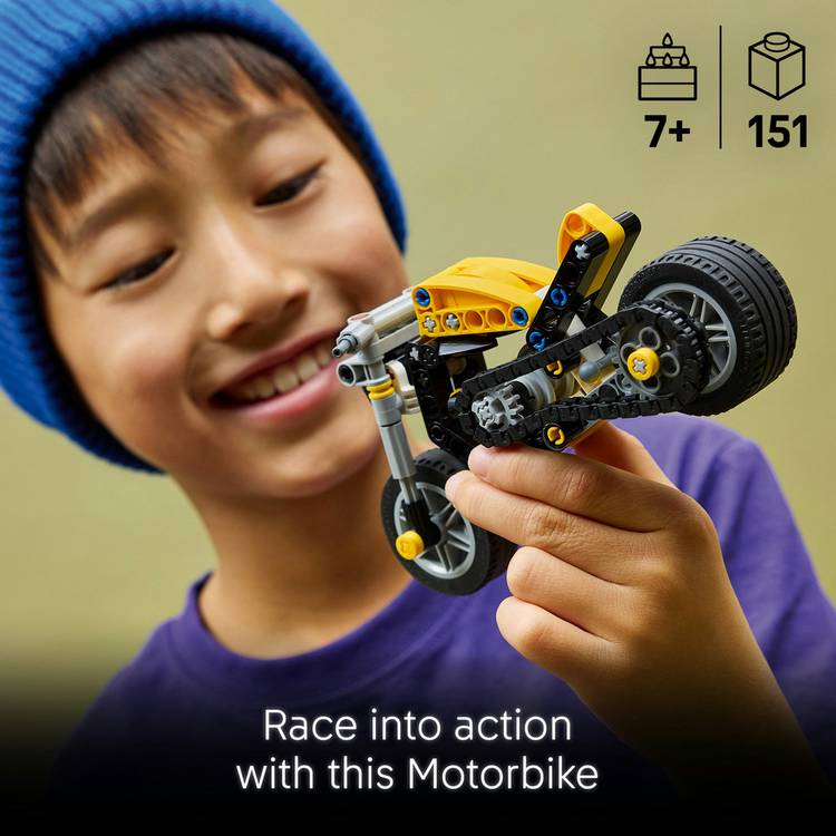 LEGO Technic Yellow Motorbike model kit 42225, imported from the UK