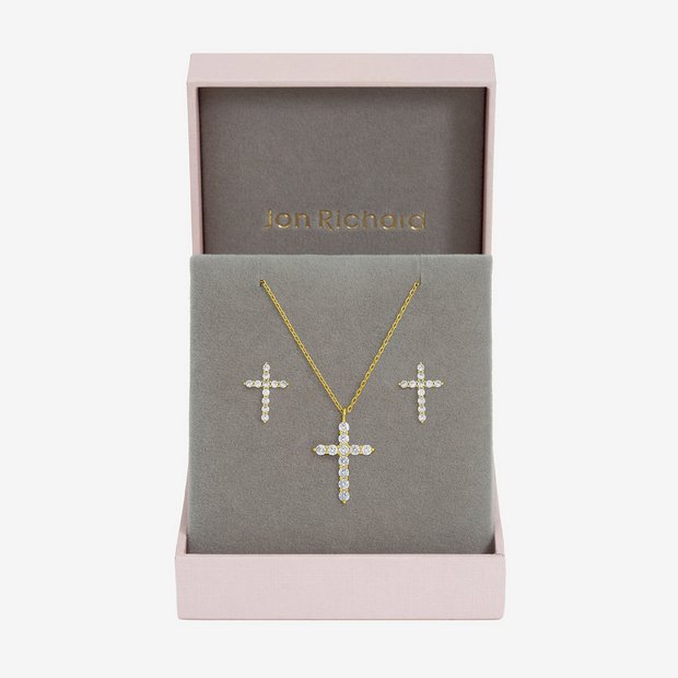 Jon Richard gold plated cubic zirconia cross necklace and earrings - British product