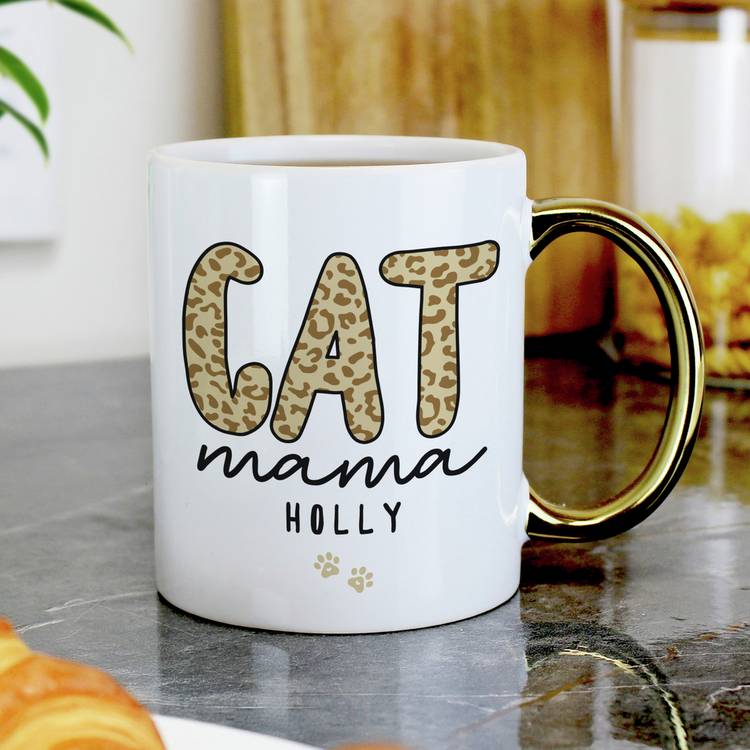 Personalised Cat Mama ceramic mug gold handle 295ml - British product