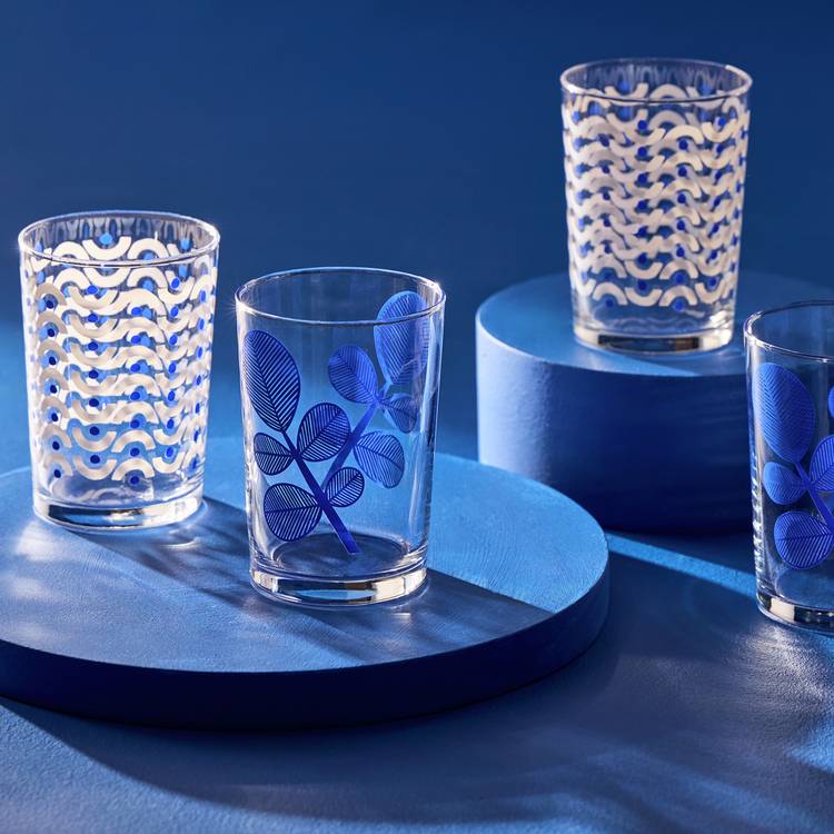 Habitat hi-ball glasses blue leaf design set of 6, imported from the UK