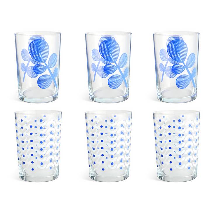Habitat hi-ball glasses blue leaf design set of 6, imported from the UK