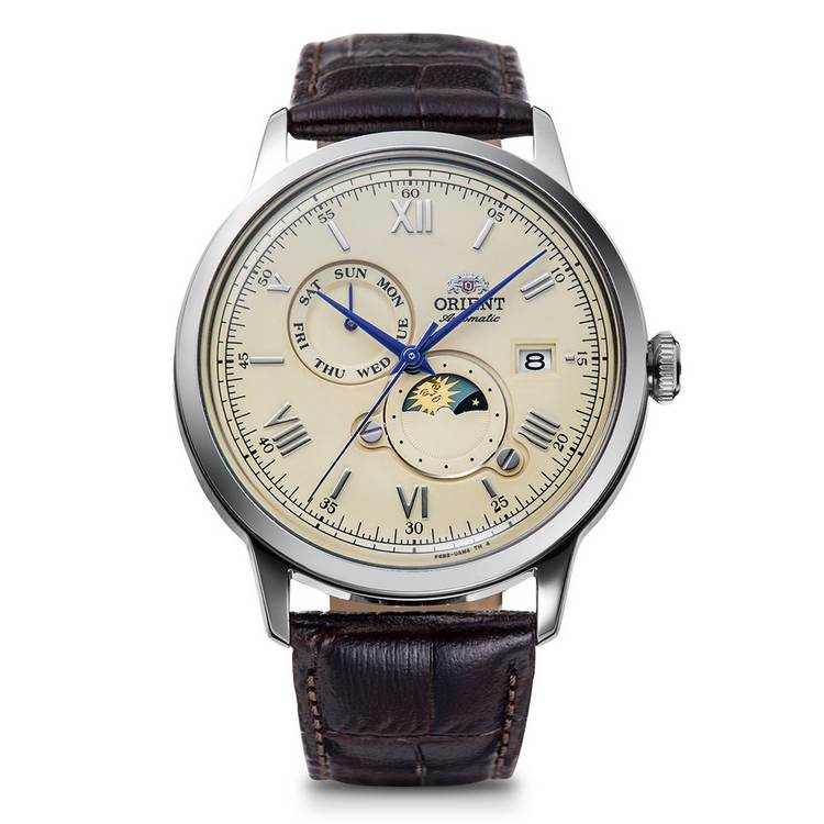 Orient Bambino sun and moon watch brown leather strap, imported from the UK