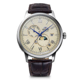 Orient Bambino sun and moon watch brown leather strap, imported from the UK