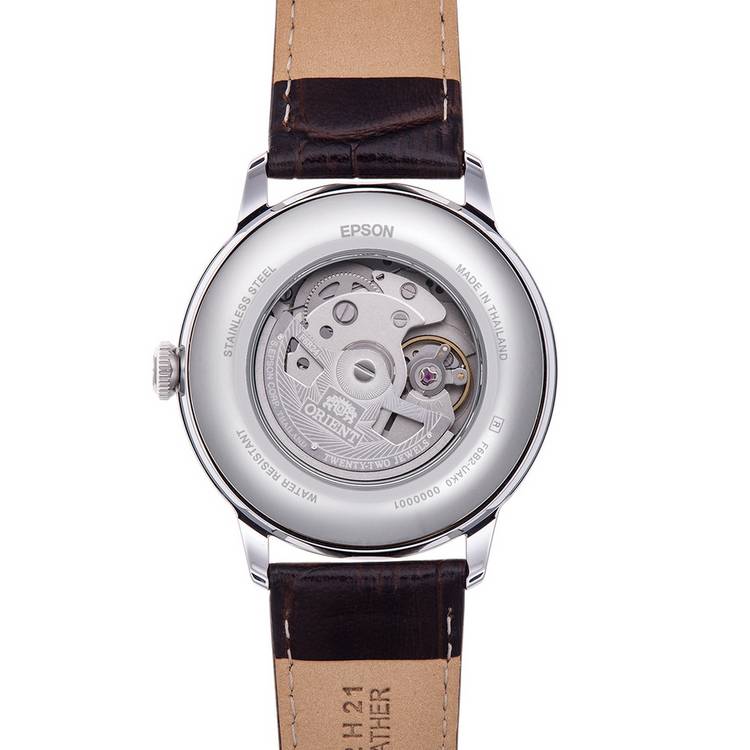 Orient Bambino sun and moon watch brown leather strap, imported from the UK