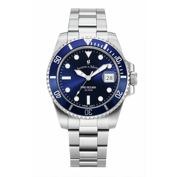 Jacques Du Manoir Pro Scuba mens 43mm silver bracelet watch, UK version