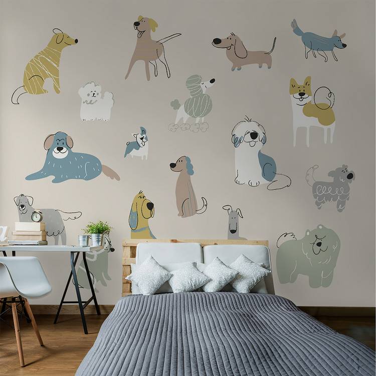 Origin Murals Happy Dogs Warm Grey wall mural roll - British product