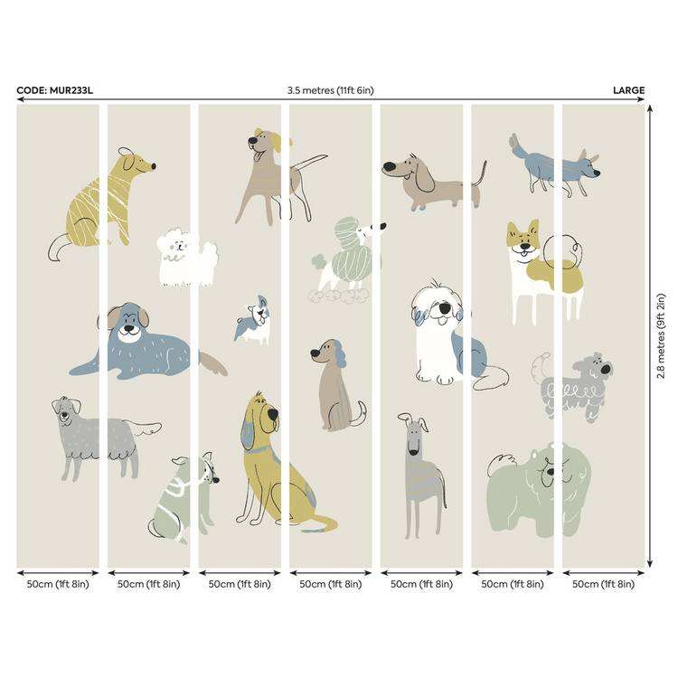 Origin Murals Happy Dogs Warm Grey wall mural roll - British product