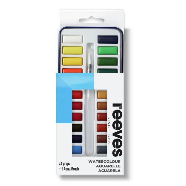 Reeves watercolour 24 pans with aqua brush tin set, UK version