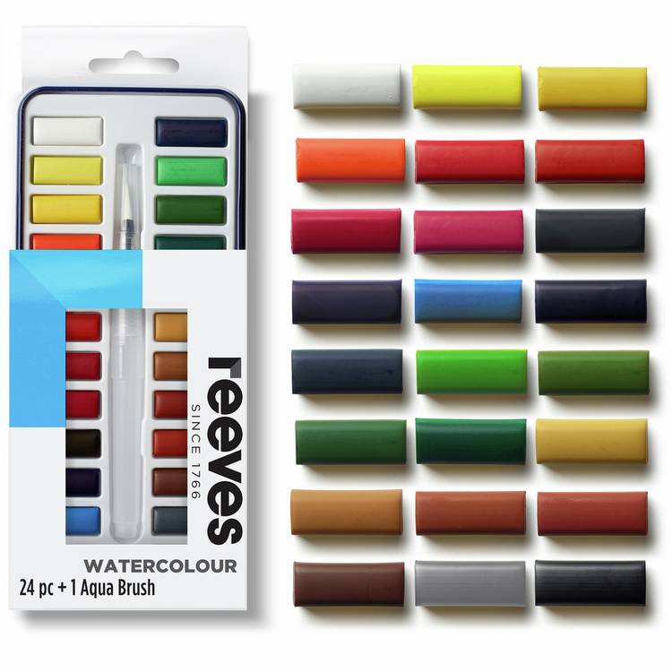 Reeves watercolour 24 pans with aqua brush tin set, UK version