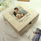 Personalised wooden memory box with photo and text (British brand)
