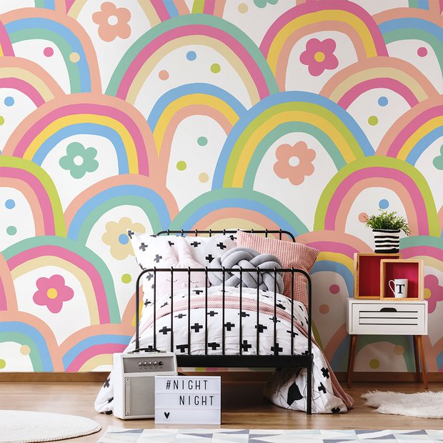 Origin Murals rainbow wobble coral pink wall mural - British product
