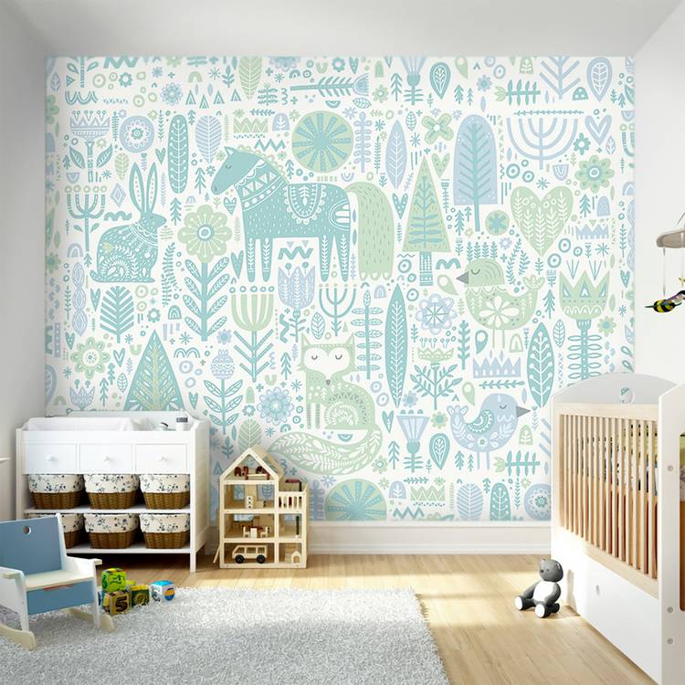 Origin Murals Scandi Forest Animal wall mural, teal blue - UK version