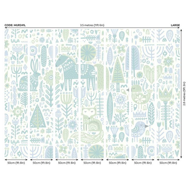 Origin Murals Scandi Forest Animal wall mural, teal blue - UK version