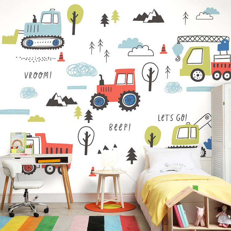 Origin Murals tractor diggers red wall mural, UK version