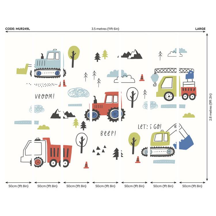 Origin Murals tractor diggers red wall mural, UK version