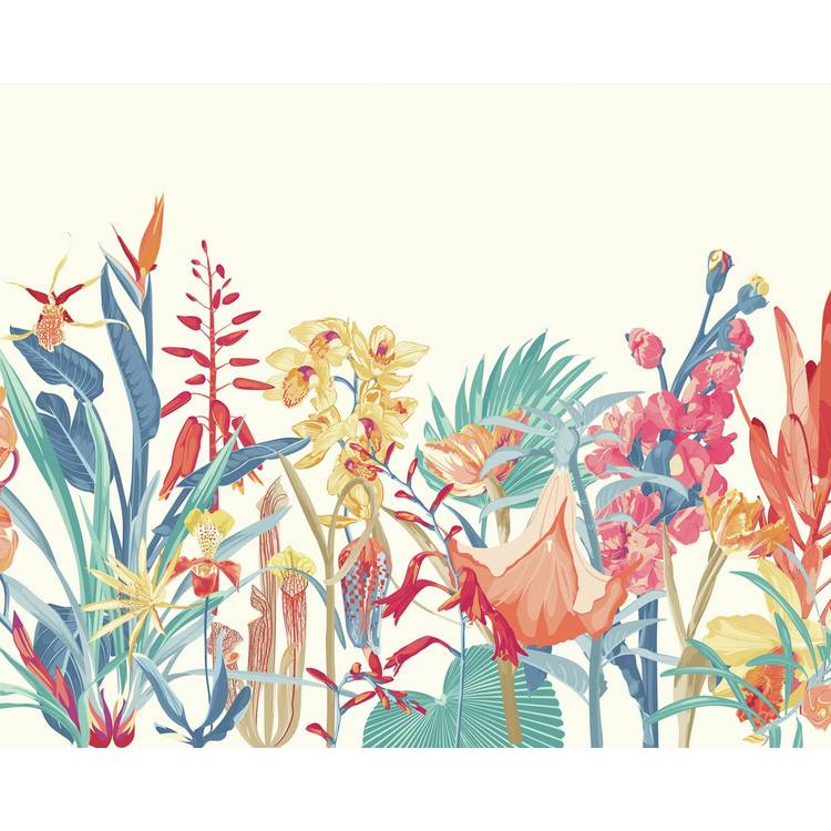 Origin Murals tropical foliage wall mural petrol and coral, imported from the UK