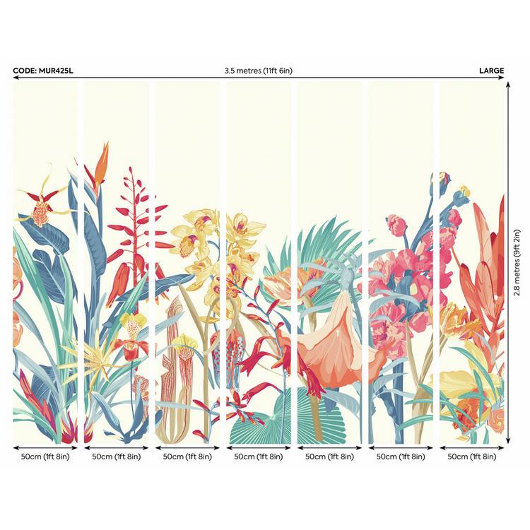 Origin Murals tropical foliage wall mural petrol and coral, imported from the UK