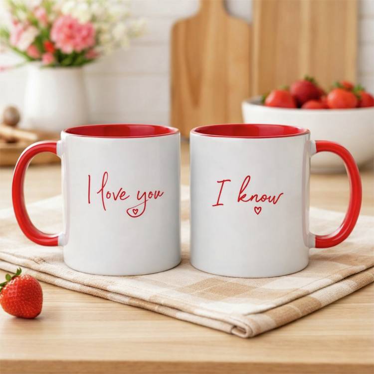 Widdop stoneware mugs I love you script red handles, UK version