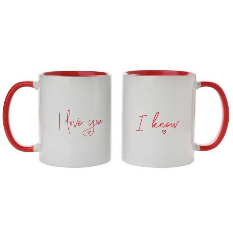 Widdop stoneware mugs I love you script red handles, UK version
