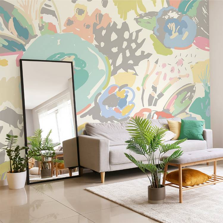 Origin Murals abstract floral pastel blue wall mural, imported from the UK