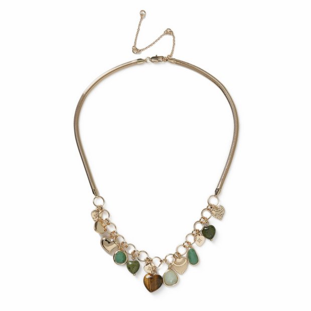 Freedom Green Stone Multi Charm Gold Necklace 45cm, UK version