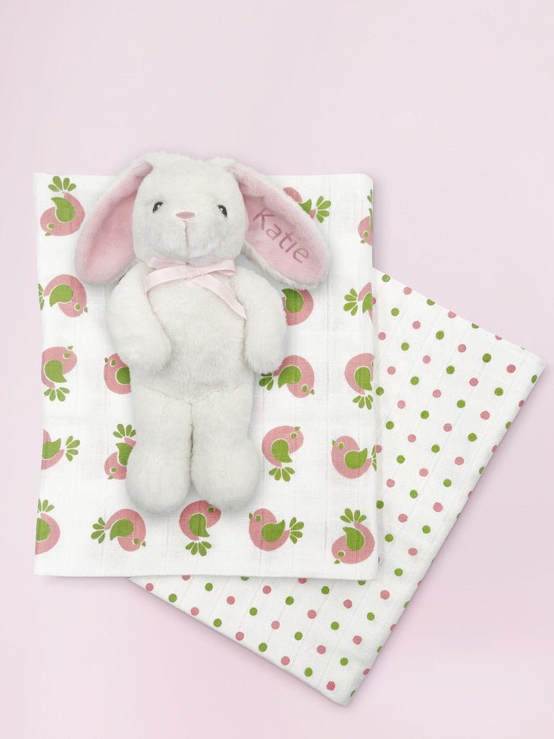 Babyblooms personalised bunny gift set with muslin wraps, imported from the UK