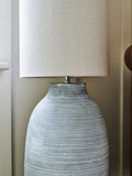 Fairford floor lamp with concrete base and fabric shade - British product