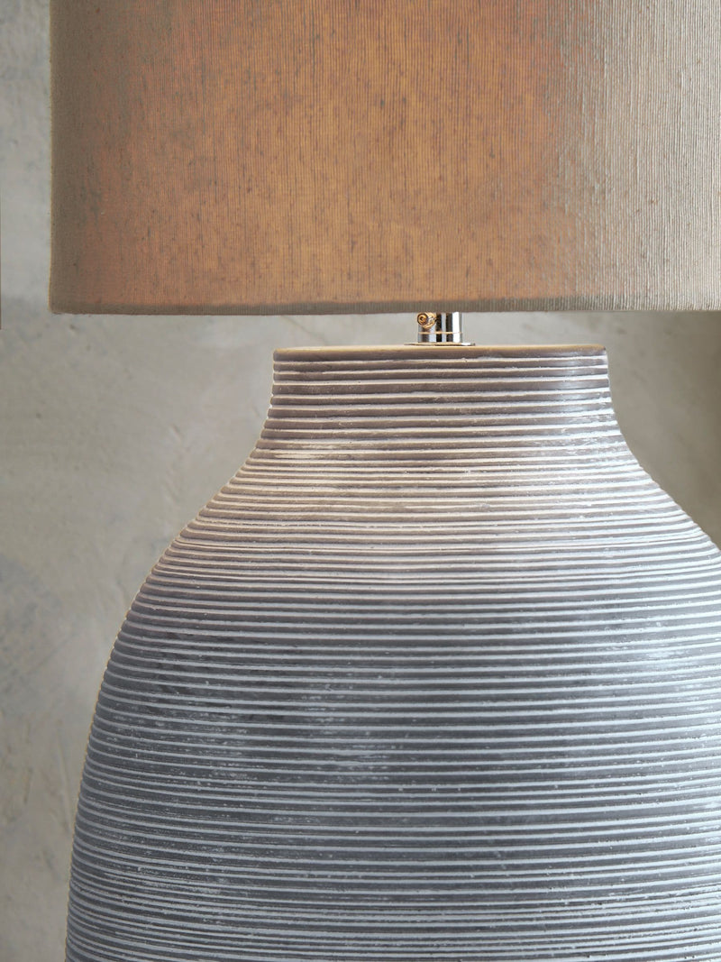 Fairford floor lamp with concrete base and fabric shade - British product