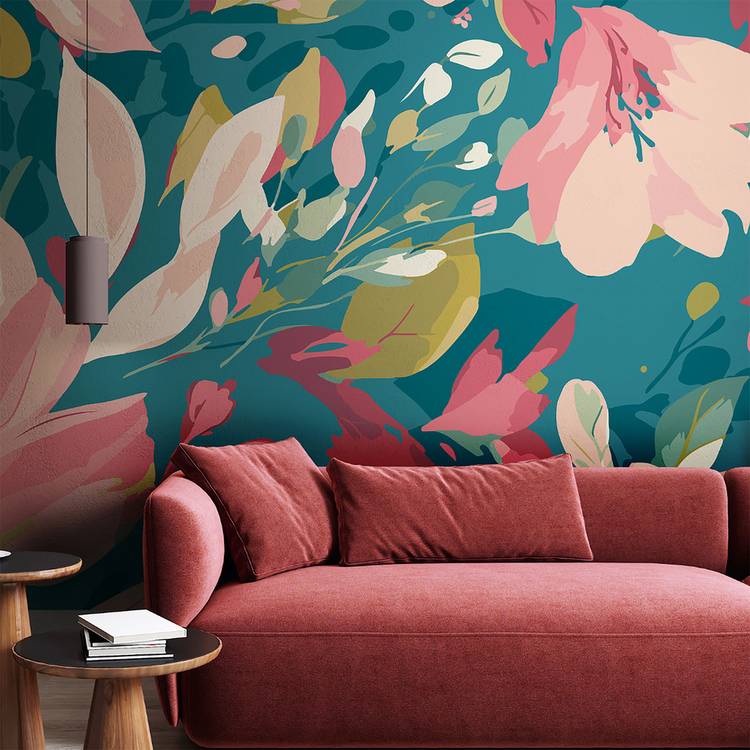 Origin Flowing Flowers mural teal and coral, imported from the UK