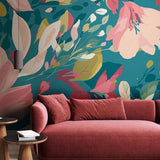 Origin Flowing Flowers mural teal and coral, imported from the UK