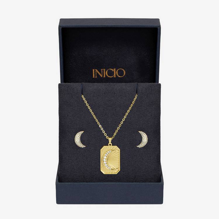 Inicio gold plated moon pendant earrings set (British brand)