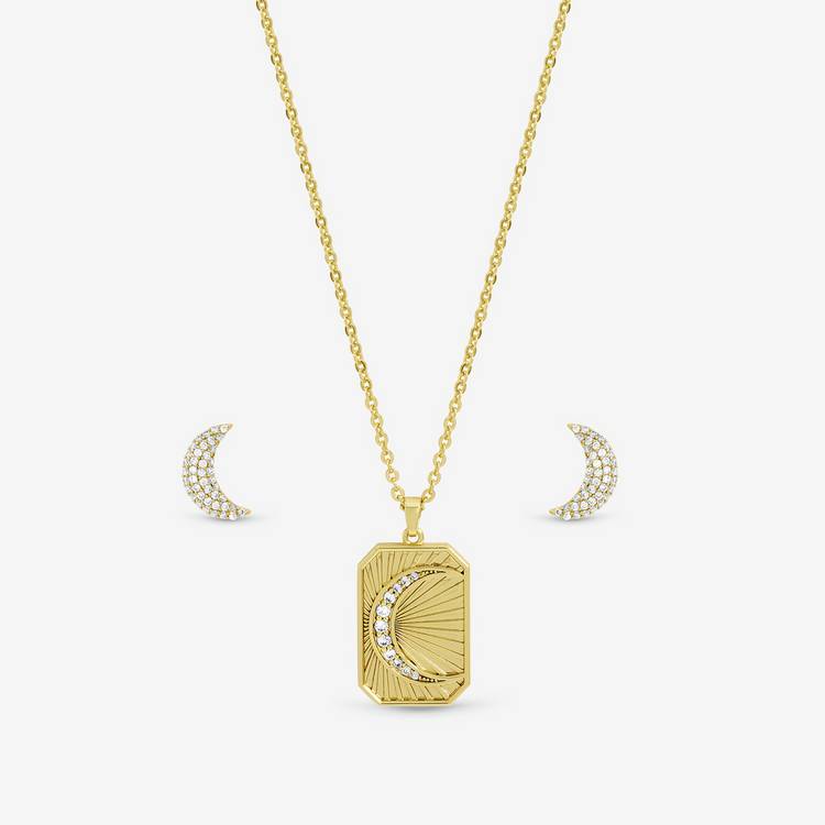Inicio gold plated moon pendant earrings set (British brand)