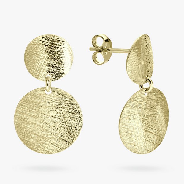 Revere yellow gold plated brushed disc drop earrings 24.5mm, imported from the UK