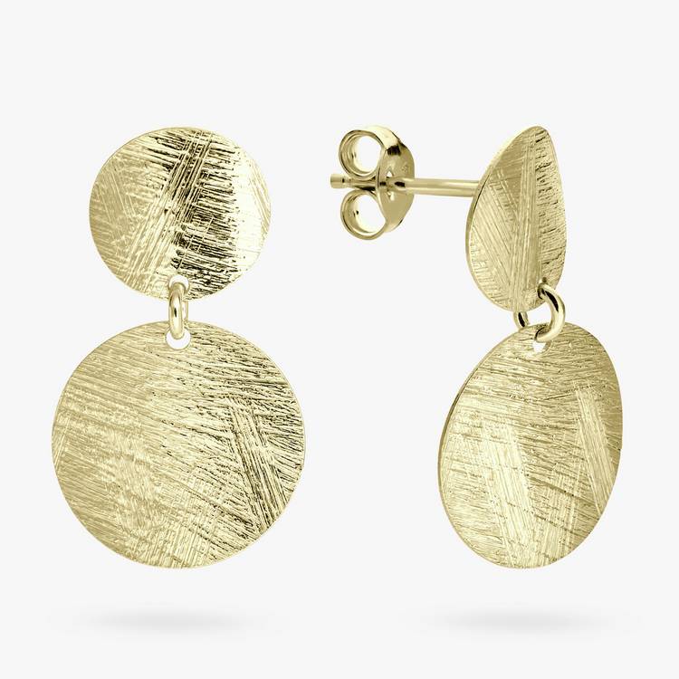 Revere yellow gold plated brushed disc drop earrings 24.5mm, imported from the UK