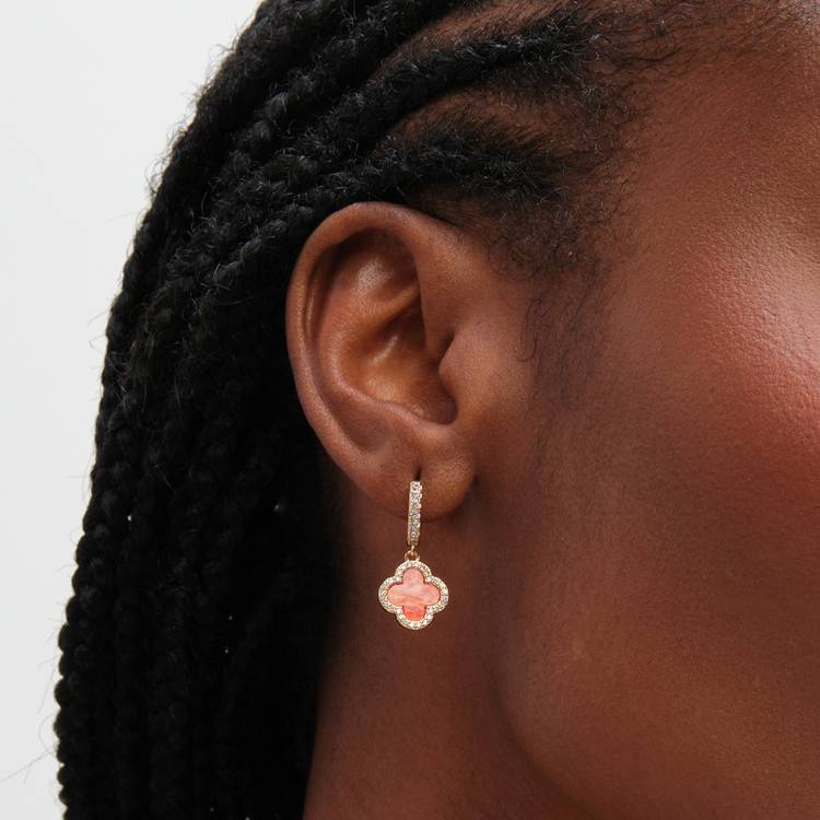 Jon Richard gold plated coral clover huggie earrings, imported from the UK