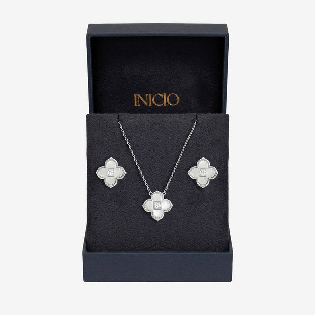 Inicio diamond cut clover pendant and earrings gift set (British brand)