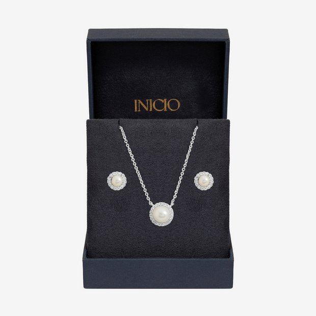 Inicio silver plated pearl halo jewellery set (British brand)