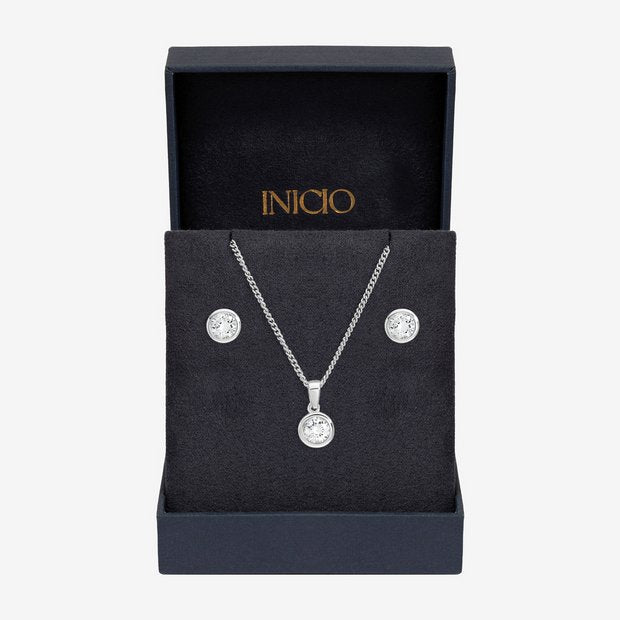 Inicio cubic zirconia bezel necklace and earrings gift set (British brand)