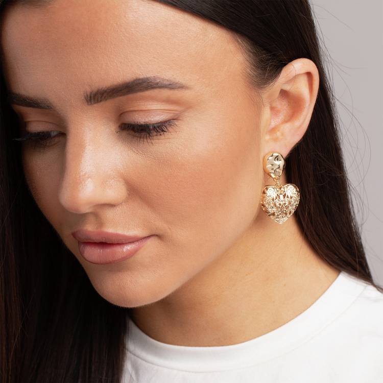 Freedom gold-tone chunky etched heart drop earrings - British product