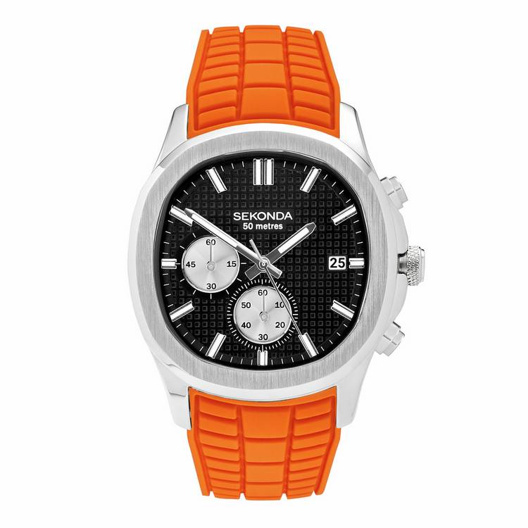 Sekonda men's chronograph watch with black dial and orange silicone strap - British product
