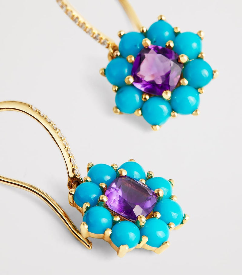 Jennifer Meyer gold flower drop earrings turquoise amethyst 23.5mm - British product
