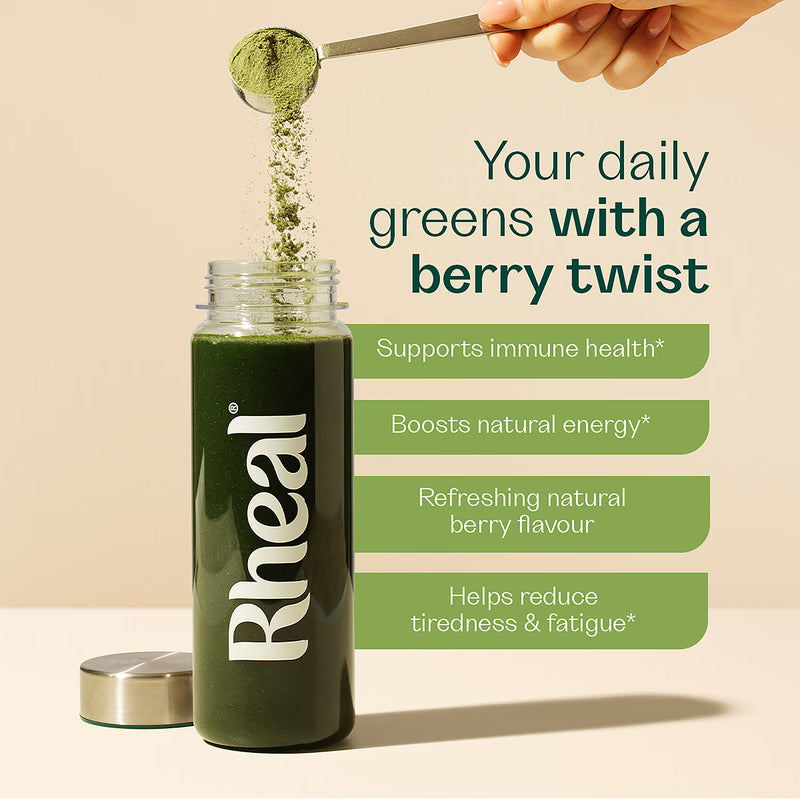 Rheal Clean Greens Berry superfood powder 165g, UK version